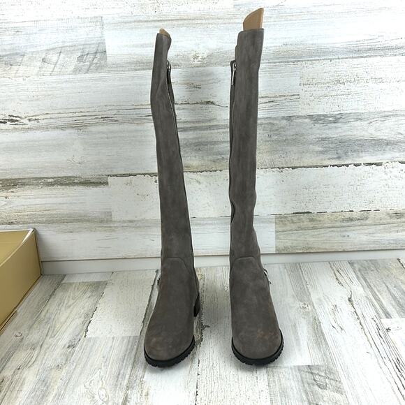 Michael Kors Women’s 5.5 Gray Suede Fabric Logo Heel Zip Calf Riding Boots NWB - Picture 3 of 11